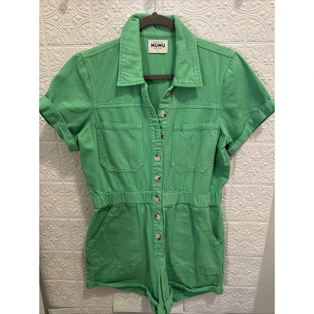 Show Me Your‎ MuMu Women's Cannon Romper Green Denim Size L Festival St. Patrick - Picture 6 of 6